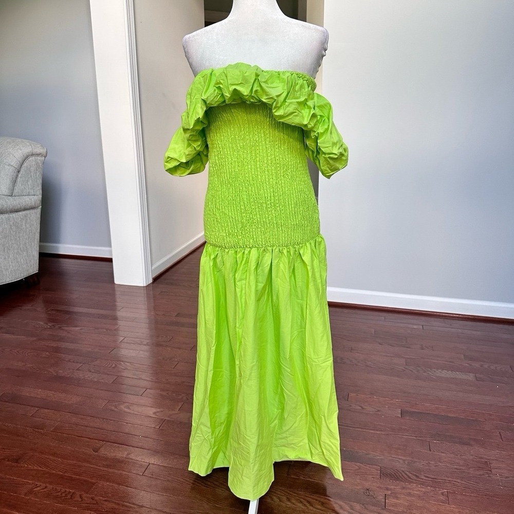 New York & Company Lime Green Off The Shoulder Puffy Sleeve Maxi Dress NWT